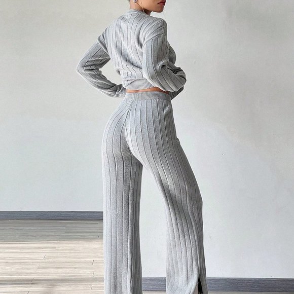 Grey Casual Solid Ribbed Knit Sweater & Drawstring Waist Knit Pants - Picture 2 of 5